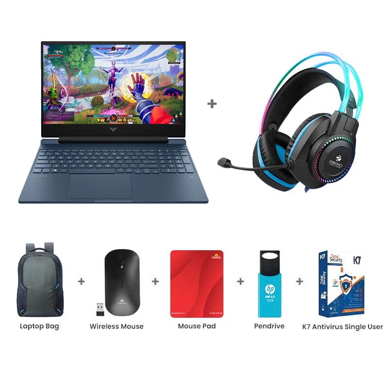 Picture of HP - Victus AMD Ryzen 5 5600H 15.6" (39.6 cm) 15-fb0184AX Gaming Laptop (8GB/ 512GB SSD/ AMD Radeon RX 6500M/ Windows 11 Home/ Performance Blue/ 1 Year Warranty/2.29 kg) Zebronics Zeb-Jet Premium Gaming Headphone + Laptop Bag + Wireless Mouse + Mouse Pad + Pendrive + K7 Antivirus Single User